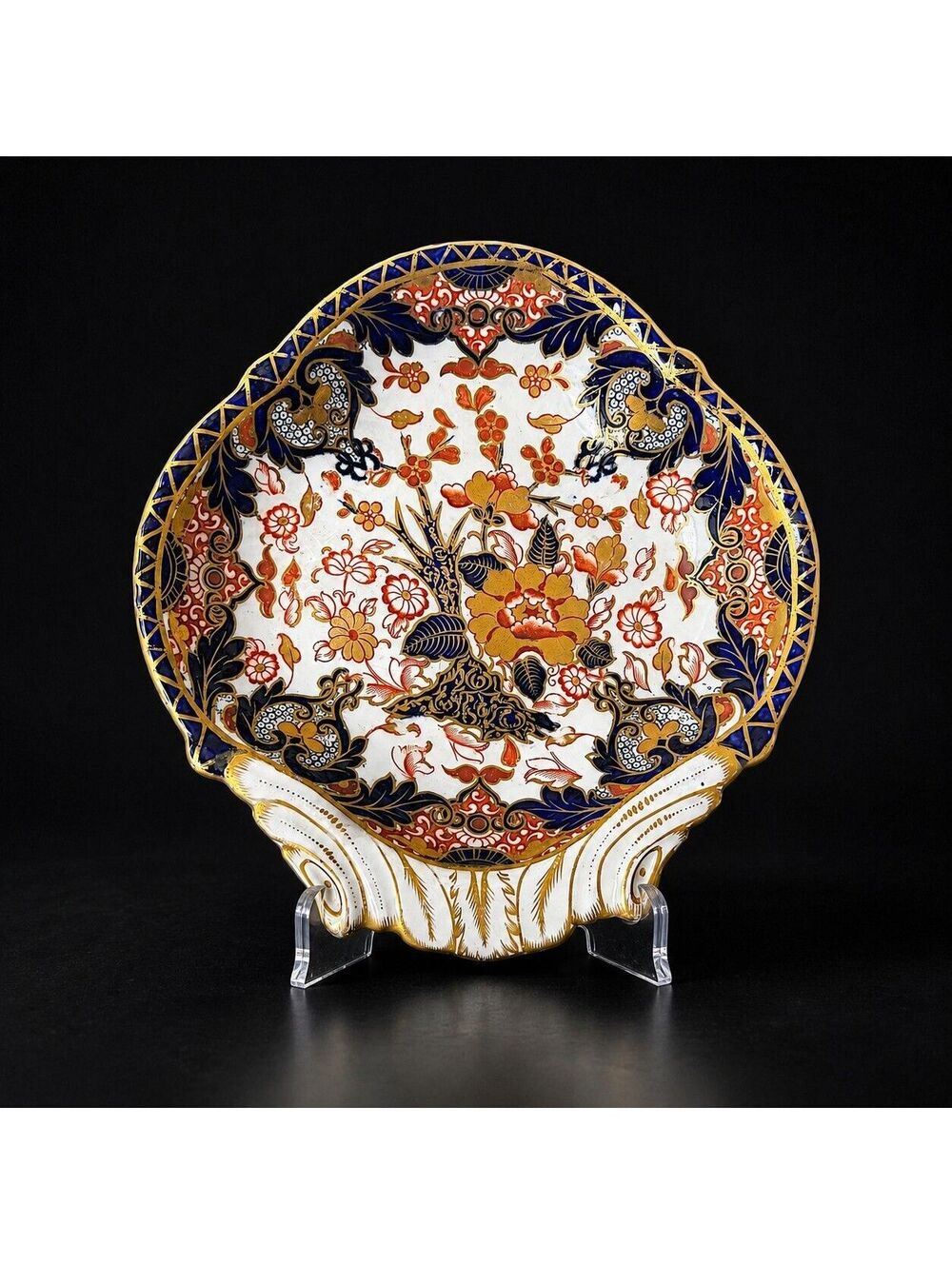 Antique Royal Crown Derby Imari Shell Dish Cobalt Red Gold Porcelain 10"